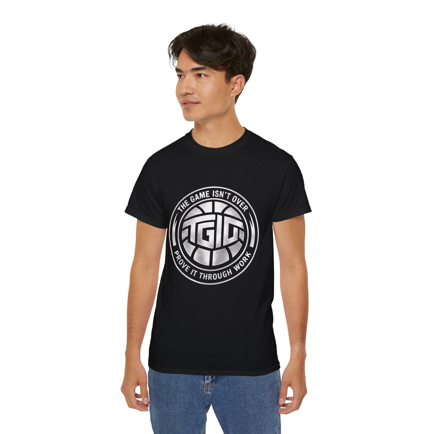 Arabic Calligraphy Tee — "The Game Isn't Over" Gold Script T-Shirt